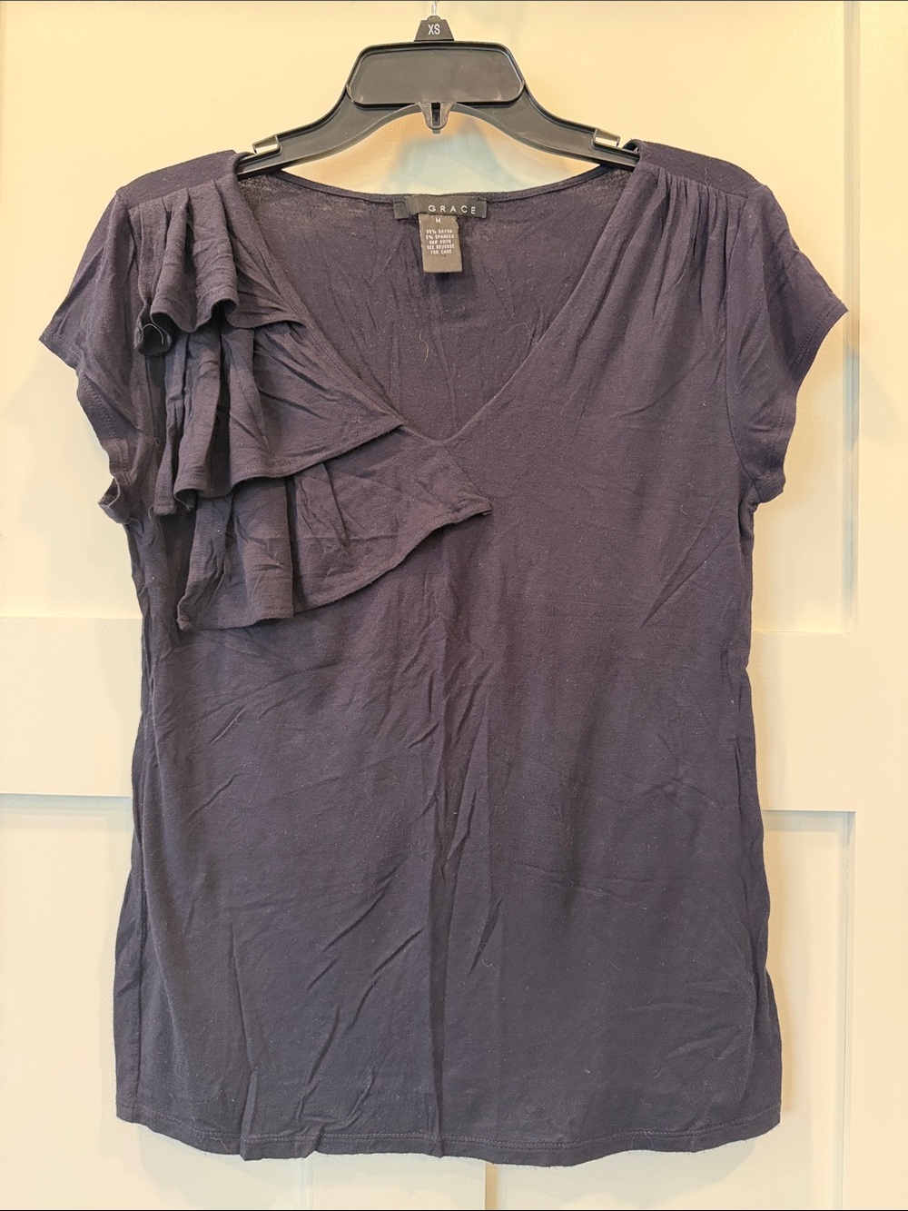Grace Elements Navy Short-Sleeve V-Neck Top with Layered Shoulder Ruffle